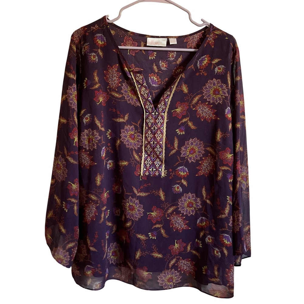 Belle Kim Gravel Purple Dark Floral Embroidered Blouse - Size Large Fall